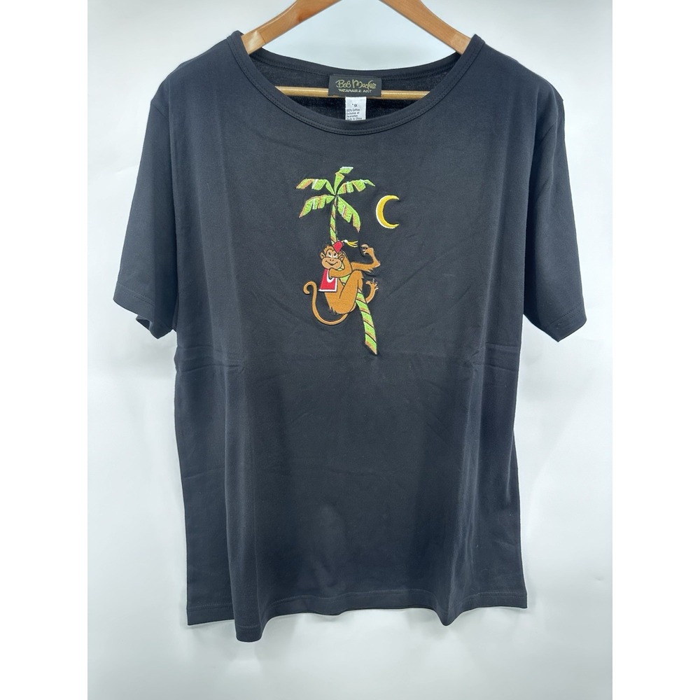 Bob Mackie Wearable Art 1XL Black Embroidered Short Sleeve Monkey New With Tags